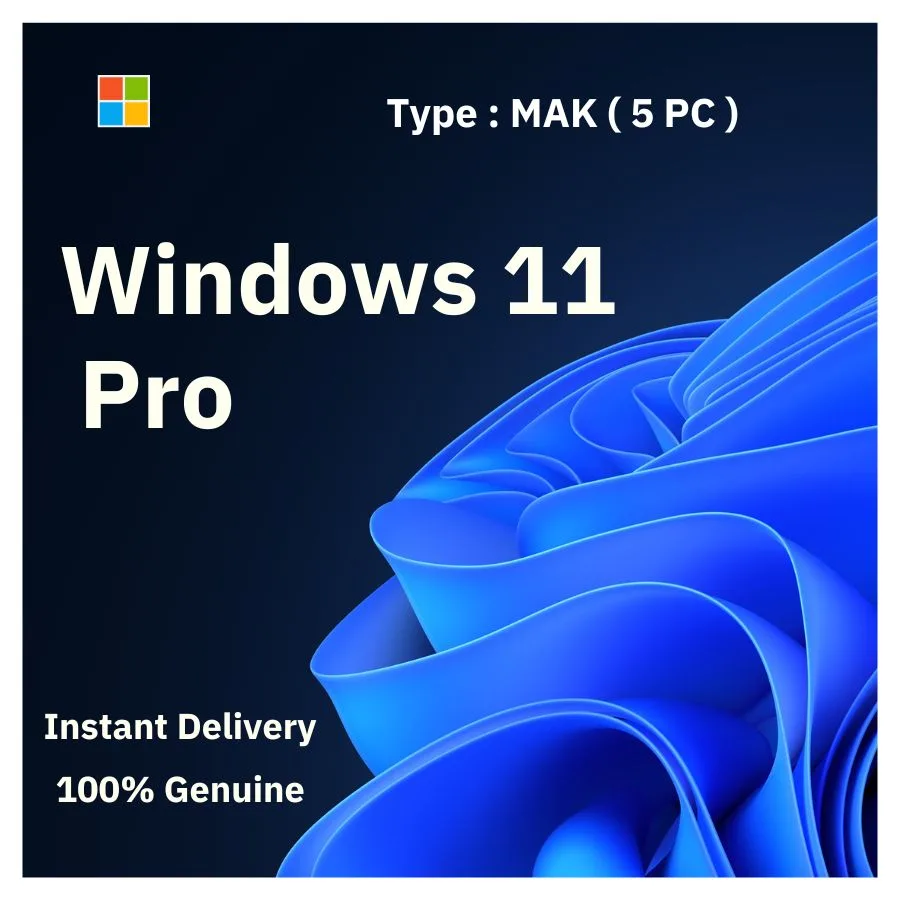 Official Windows 11 Pro box art. A genuine 5-PC MAK volume license key for activating multiple computers, from Delta Keys India.