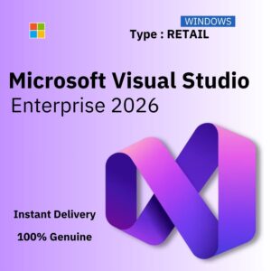 Official box art for Microsoft Visual Studio 2026 Enterprise RETAIL. Instant delivery of a lifetime single-use license key from Delta Keys India.