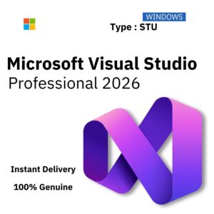 Official box art for Microsoft Visual Studio 2026 Professional. Instant delivery of a lifetime single-use license key from Delta Keys India.