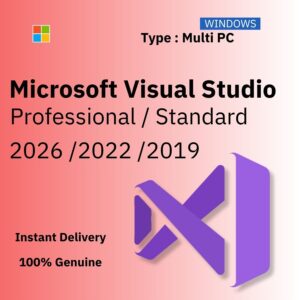 Official box art for Microsoft Visual Studio 2026 5-PC. Instant delivery of a lifetime single-use license key from Delta Keys India.