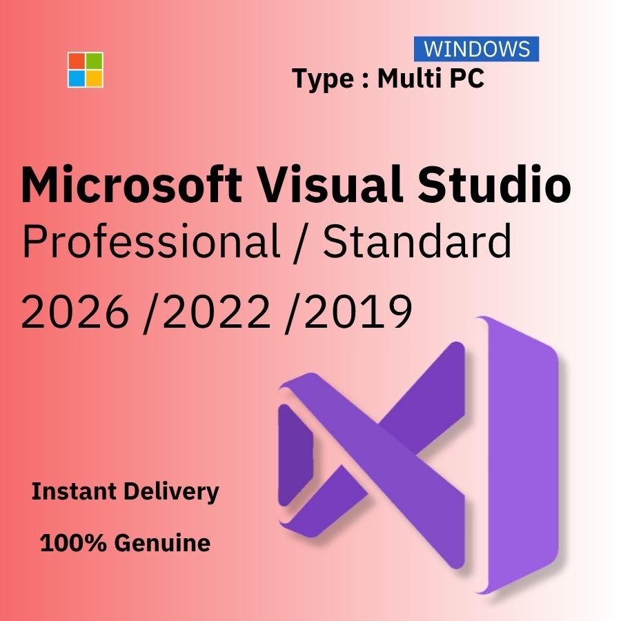 Official box art for Microsoft Visual Studio 2026 5-PC. Instant delivery of a lifetime single-use license key from Delta Keys India.