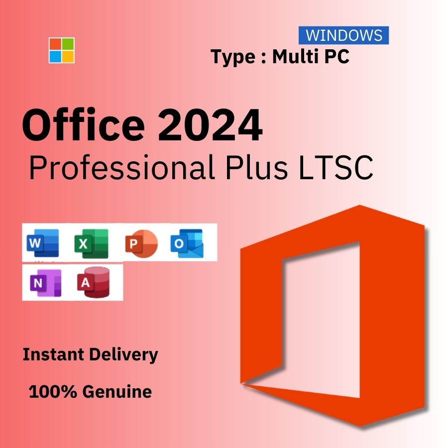 Official box art for Microsoft Office 2024 Pro Plus LTSC 20-PC. Instant delivery of a lifetime from Delta Keys India.